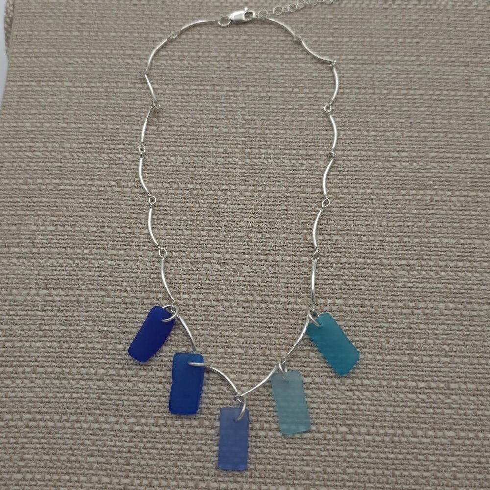 16+2 Inch Sterling Silver Various Blues Sea Glass Necklace B330